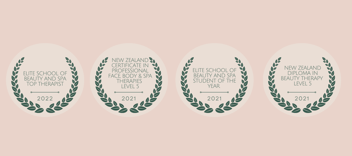 Awards and qualifications including Elite School of Beauty and Spa Top Therapist 2022, Student of the Year 2021, and New Zealand Diploma in Beauty Therapy Level 5