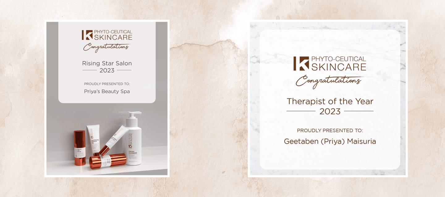 Awards and qualifications from Phyto Ceutical Skincare being the "Therapist of the year" for 2023 with some skincare products below it.