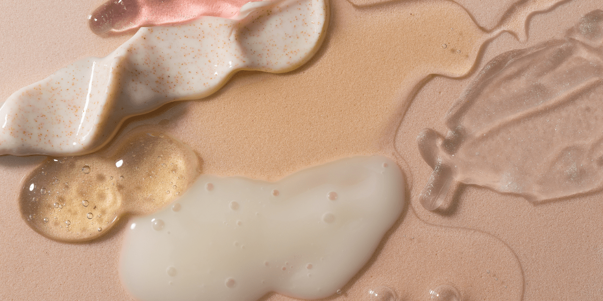 Texture swatches of skincare products including creams, gels, and serums
