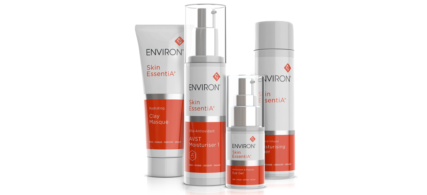 Environ skincare products including eye gel, AVST moisturiser and a clay masque