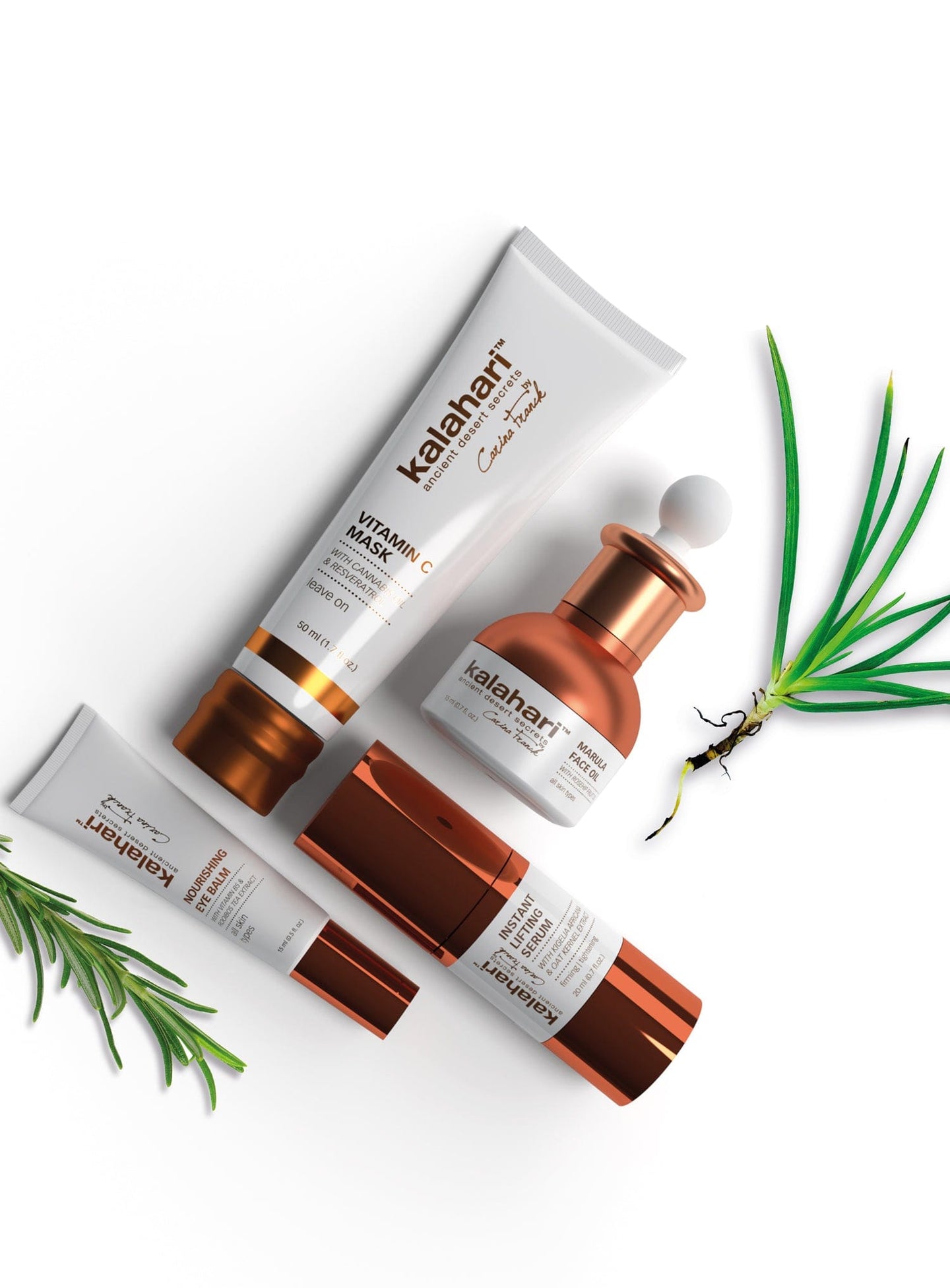 Kalahari skincare products including Vitamin C mask, Marula face oil, and serums